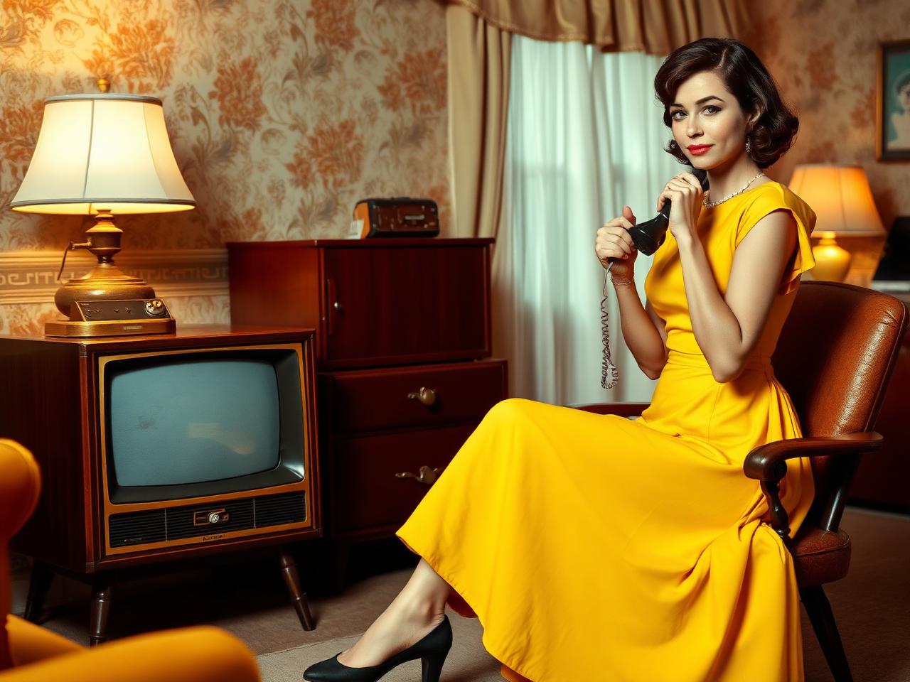 A vintage 1960s woman on a velvet sofa with a rotary phone, lit by a soft amber lamp